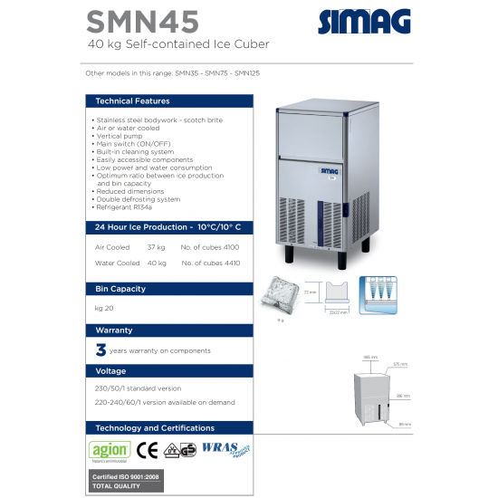 Simag 40kg/24h Compact Ice Cube Machine 